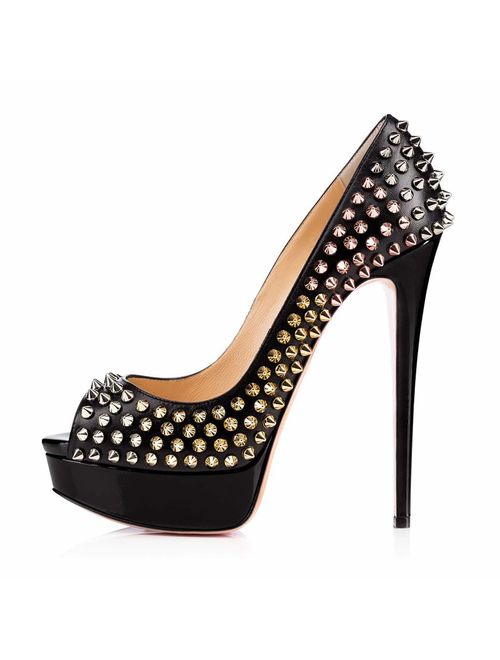 XYD Women Peep Toe Rivet Studded Pumps Stiletto High Heels Platform Slip On Prom Evening Party Dress Shoes