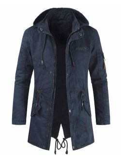 Men's Spring Military Full-Zip Removable Hooded Cotton Mid-Long Parka Jacket Coat