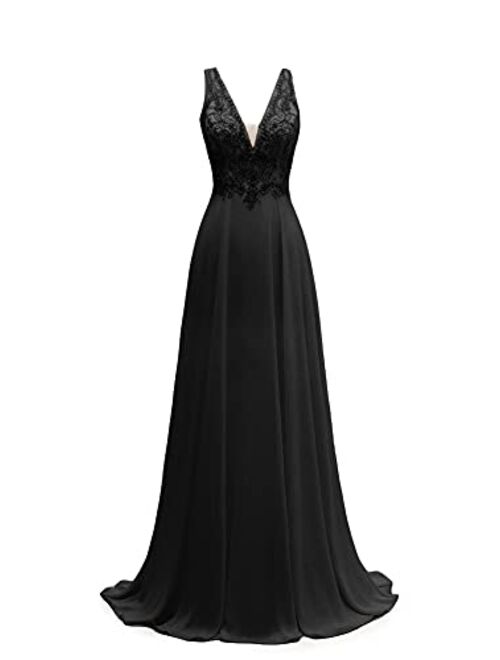 MARSEN V-Neck Prom Dresses Lace Chiffon A-line Beaded Long Bridesmaid Formal Gowns for Women