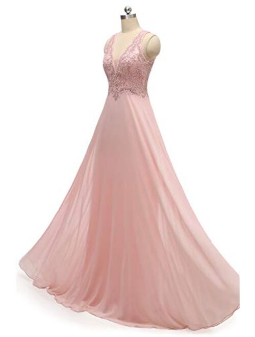 MARSEN V-Neck Prom Dresses Lace Chiffon A-line Beaded Long Bridesmaid Formal Gowns for Women