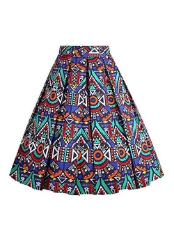 Girstunm Women's Box Pleated Vintage Skirt Floral Print A-line Midi Skirts with Pockets