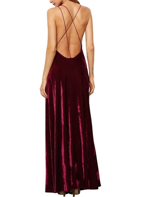 Verdusa Deep V-Neck Backless Wrap Velvet Thigh High Slit Cocktail Party Dress
