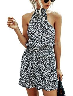 Angashion Women's Rompers - Summer Floral Ruffle Halter Neck Sleeveless Elastic Waist Romper Shorts Jumpsuit