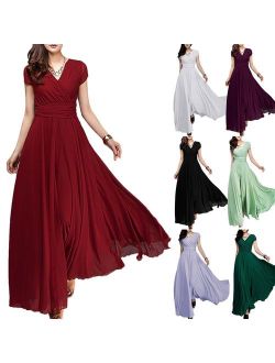 Women's Vintage V-Neck Chiffon Bridesmaid Dress Boho Tulle Long Wedding Pageant Flowy Prom Party Evening Cocktail Maxi Gowns