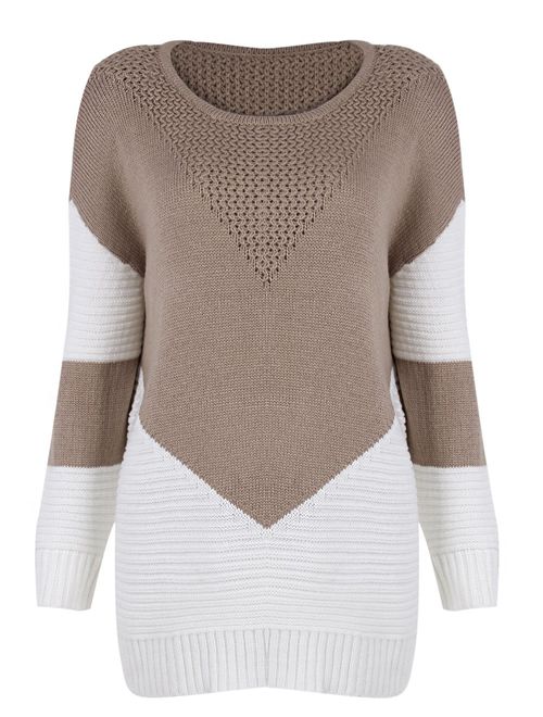shermie Women Long Sleeve Crew Neck Pullovers Stitching Color Loose Knitted Sweaters