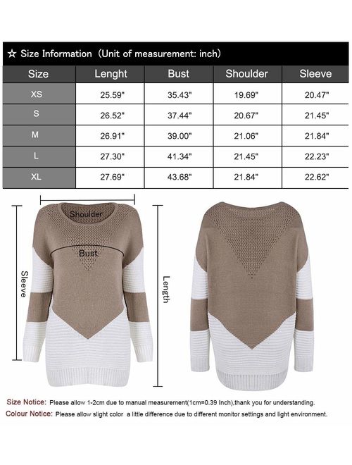 shermie Women Long Sleeve Crew Neck Pullovers Stitching Color Loose Knitted Sweaters