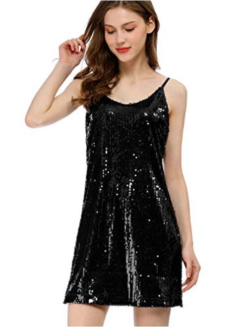 Allegra K Women's Glitter Sparkle Adjustable Strap Mini Party Sequin Dress