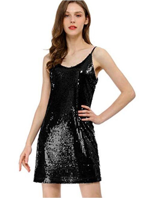 Allegra K Women's Glitter Sparkle Adjustable Strap Mini Party Sequin Dress
