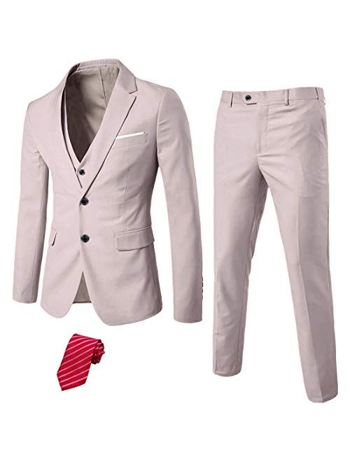 MY'S Men's 3 Piece Slim Fit Suit Set, 2 Button Blazer Jacket Vest Pants with Tie, Solid Wedding Dress Tux and Trousers