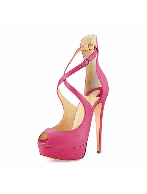 FSJ Women Gorgeous Peep Toe Platform Pumps Cross Strap High Heels Sandals Party Shoes Size 4-15 US
