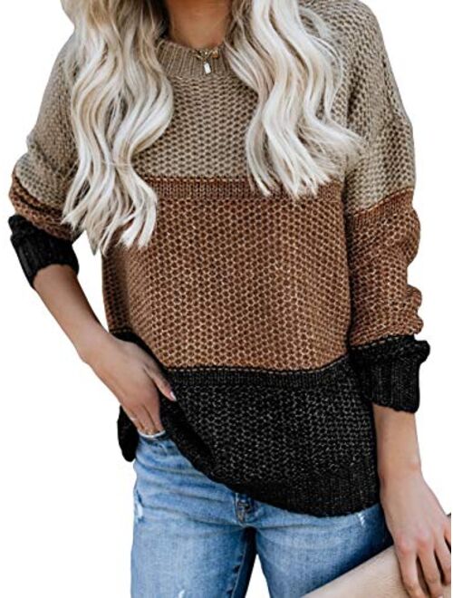 Ybenlow Womens Color Block Oversized Crewneck Sweaters Striped Long Sleeve Loose Chunky Knitted Pullover Jumper Tops