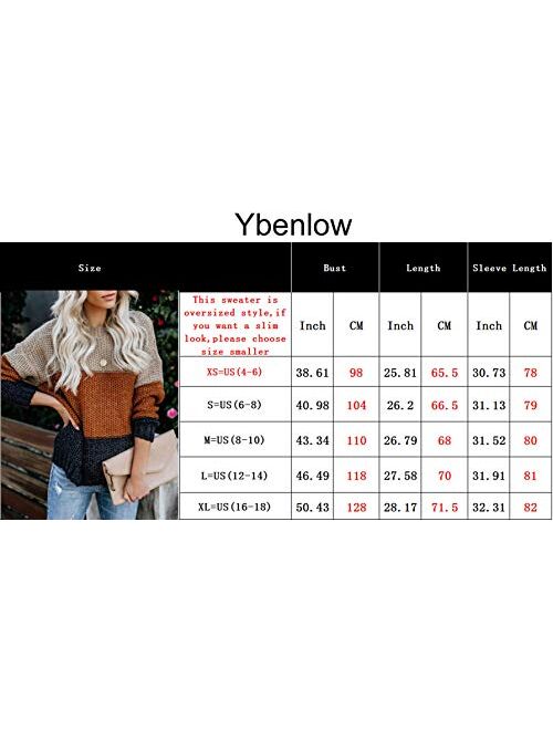 Ybenlow Womens Color Block Oversized Crewneck Sweaters Striped Long Sleeve Loose Chunky Knitted Pullover Jumper Tops