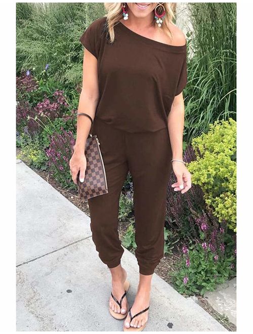 Women's Casual Off Shoulder Romper Short Sleeves Jumpsuit Elastic Waist Playsuit with Pockets