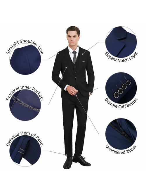 MY'S Men's 3 Piece Slim Fit Suit, One Button Jacket Blazer Vest Pants Set and Tie