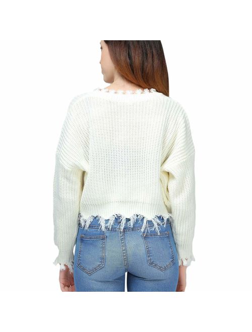 ZAFUL Women's Solid V Neck Loose Sweater Long Sleeve Ripped Jumper Pullover Knitted Crop Top