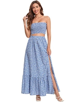 Women's Summer 2 Piece Outfit Polka Dot Crop Top with Long Skirt Set with Pockets