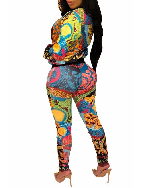 YouSexy 2 Piece Outfits for Women Pants Tracksuit Sets Floral Print Long Sleeve Jumpsuits