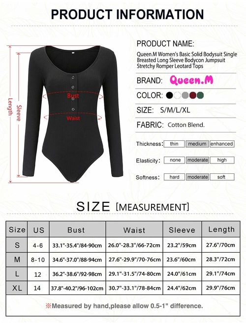 Queen.M Women's Basic Solid Bodysuit Single Breasted Long Sleeve Bodycon Jumpsuit Stretchy Romper Leotard Tops