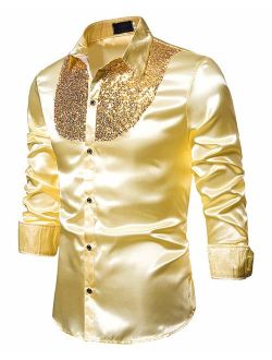 Mens Fashion Button Down Shirts - Long Sleeve Sequins Tops Casual Slim Fit Shirt