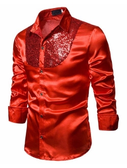 Mens Fashion Button Down Shirts - Long Sleeve Sequins Tops Casual Slim Fit Shirt
