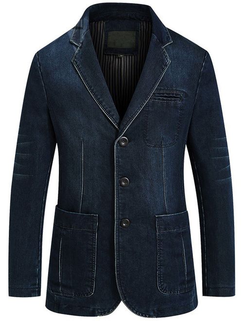 chouyatou Men's Classic Notched Collar 3 Button Tailoring Distressed Denim Blazer Jacket