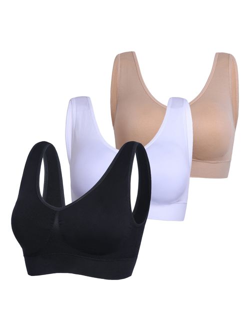 PRETTYWELL Sleep Bras for Women, Comfort Seamless Wireless Stretchy Sports Bra,3 Pack Yoga Bras, with Removable Pads