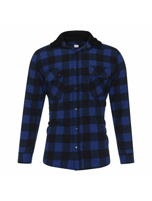 Men's Plaid Flannel Button Down Shirt Long Sleeve Slim Casual Tops Jacket with Removable Hood