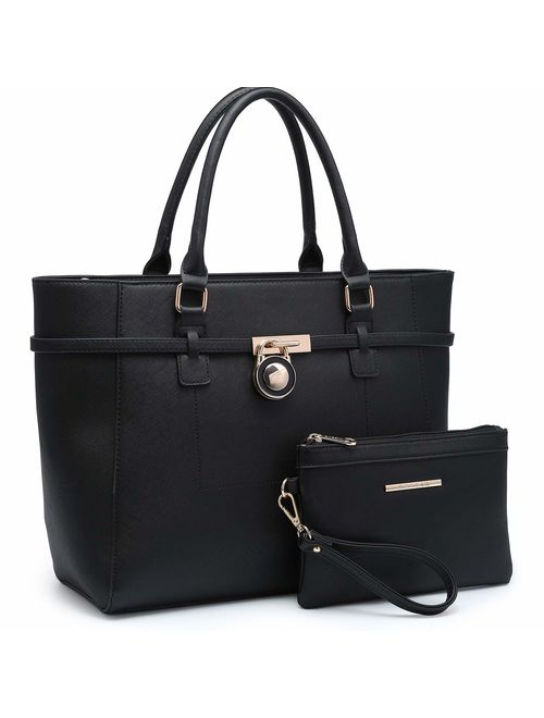 DASEIN Women's Large Fashion Tote Bag Elegant Top Belted Padlock Handbag Satchel Purse Shoulder Work Bag Wallet Set