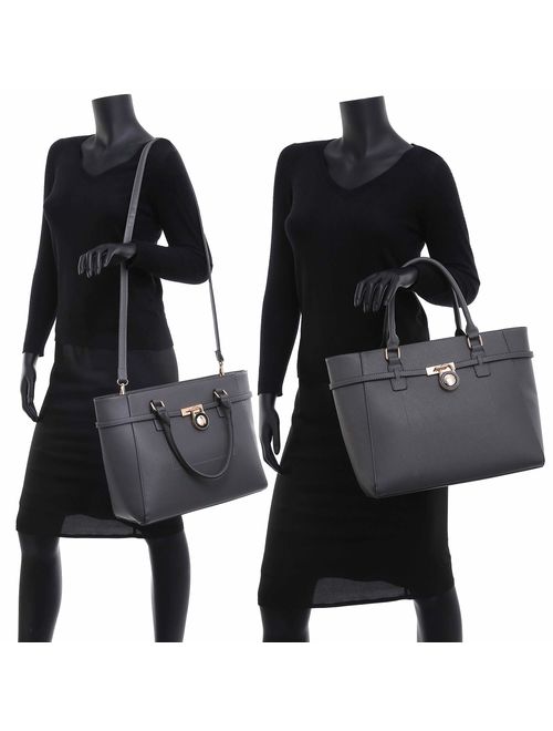 DASEIN Women's Large Fashion Tote Bag Elegant Top Belted Padlock Handbag Satchel Purse Shoulder Work Bag Wallet Set