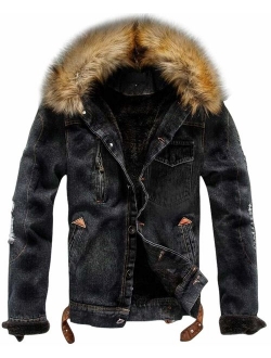 Men's Winter Stylish Faux Fur Collar Sherpa Lined Distressed Denim Trucker Jacket