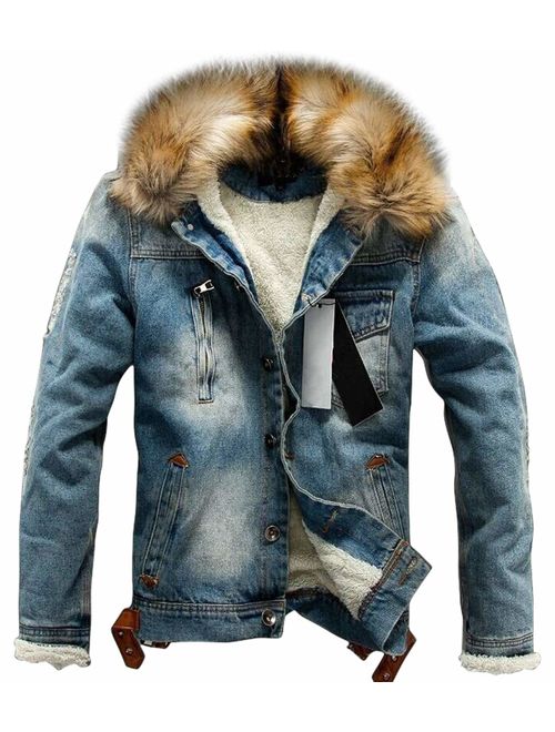 chouyatou Men's Winter Stylish Faux Fur Collar Sherpa Lined Distressed Denim Trucker Jacket