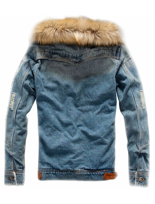 chouyatou Men's Winter Stylish Faux Fur Collar Sherpa Lined Distressed Denim Trucker Jacket