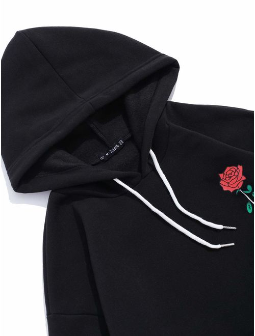 ZAFUL Men's Rose Letter Fleece Kangaroo Pocket Pullover Drawstring Hoodie Sweatshirt
