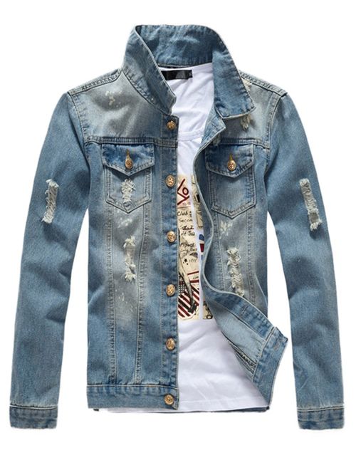 DSDZ Mens Classic Ripped Motorcycle Denim Jacket with Hole