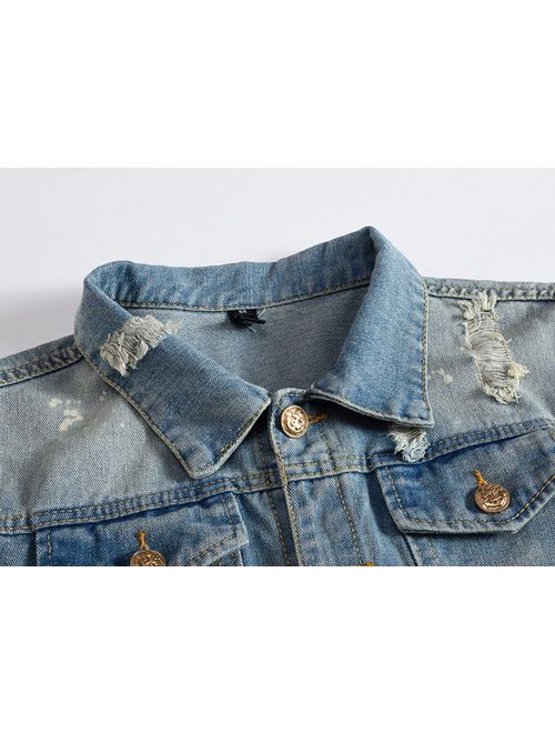 DSDZ Mens Classic Ripped Motorcycle Denim Jacket with Hole