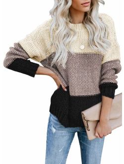Lovezesent Womens Color Block High Neck Ribbed Knit Oversized Pullover Sweaters