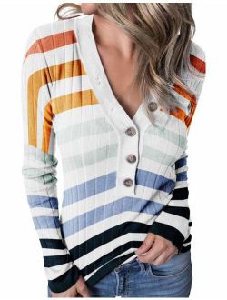 Women's Long Sleeve V Neck Ribbed Button Knit Sweater Solid Color Tops