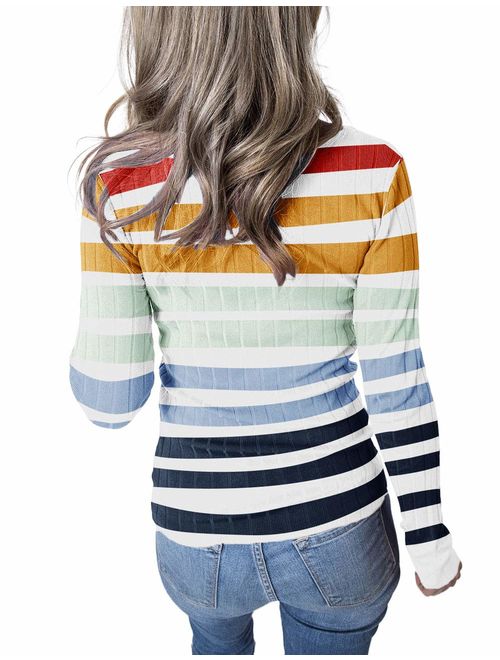 MEROKEETY Women's Long Sleeve V Neck Ribbed Button Knit Sweater Solid Color Tops
