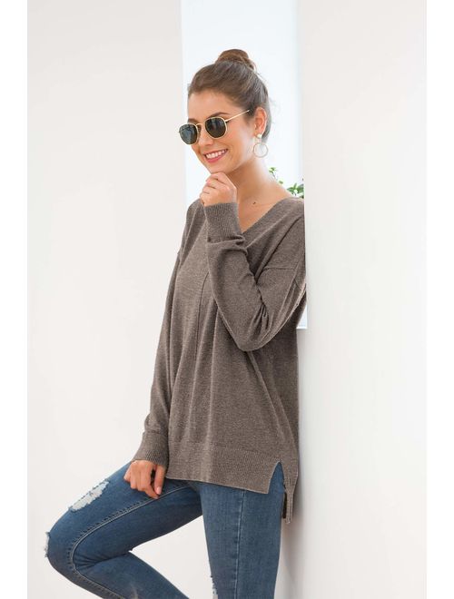 Jouica Women's Casual Lightweight V Neck Batwing Sleeve Knit Top Loose Pullover Sweater