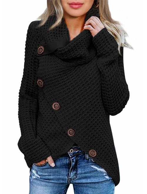 Actloe Women Cowl Neck Long Sleeve Asymmetrical Hem Sweaters Front Wrap with Button Pullover Jumper