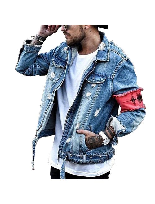 iooho Men's Denim Jacket Ripped Distressed Jeans Jacket Rugged Trucker Jacket for Man