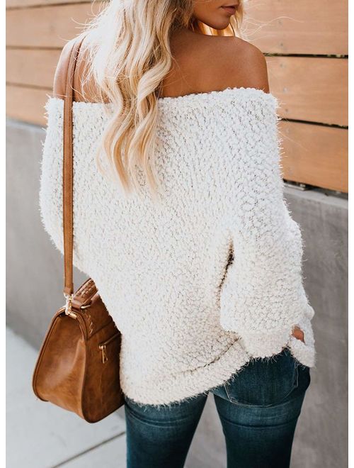 Astylish Womens Loose Knitted Off The Shoulder Oversized Sweaters Pullovers Top
