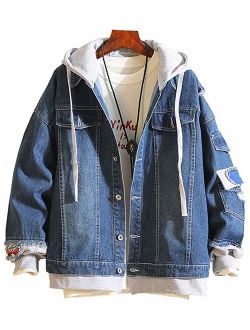 LifeHe Men Denim Jacket with Hoodie with Patches Oversized