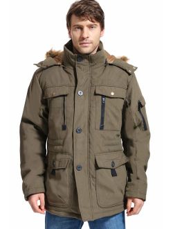 Yozai Mens Winter Parka Insulated Warm Jacket Military Coat Faux Fur with Pockets and Detachable Fur Hood