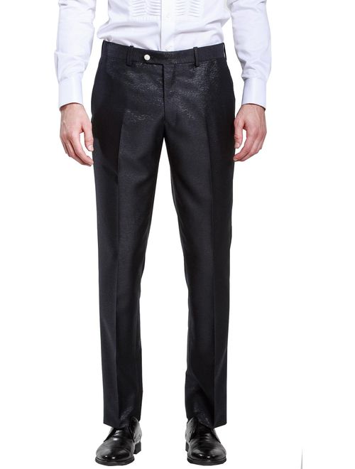 HBDesign Mens Business Fashion Slim Fit Flat Straight Shiny Black Iron Free Pants
