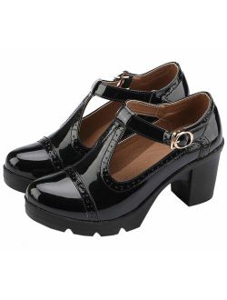 Women's Classic T-Strap Platform Mid-Heel Square Toe Oxfords Dress Shoes