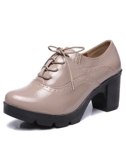 Women's Classic T-Strap Platform Mid-Heel Square Toe Oxfords Dress Shoes