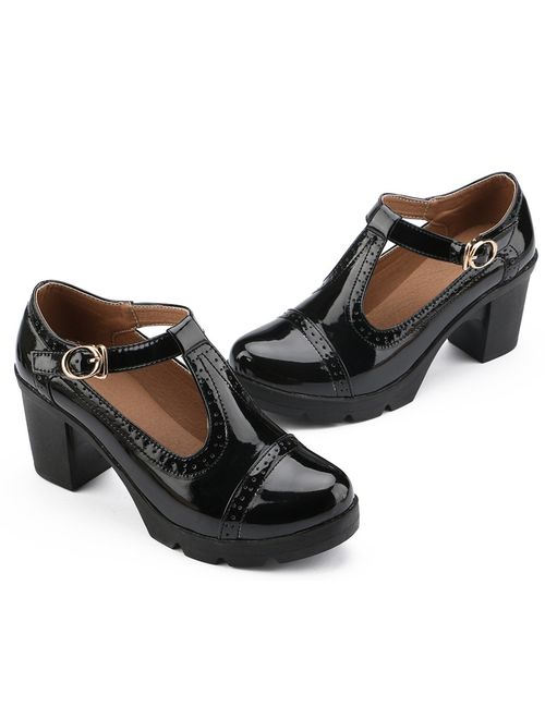 DADAWEN Women's Platform T-Strap Round Toe Oxfords Dress Pumps Mary Jane Shoes for Women