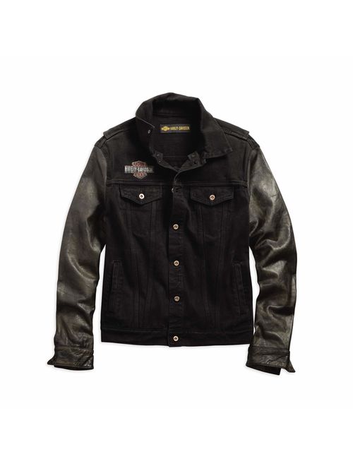 Harley Davidson Harley-Davidson Men's Leather Sleeve Slim Fit Denim Jacket, Black