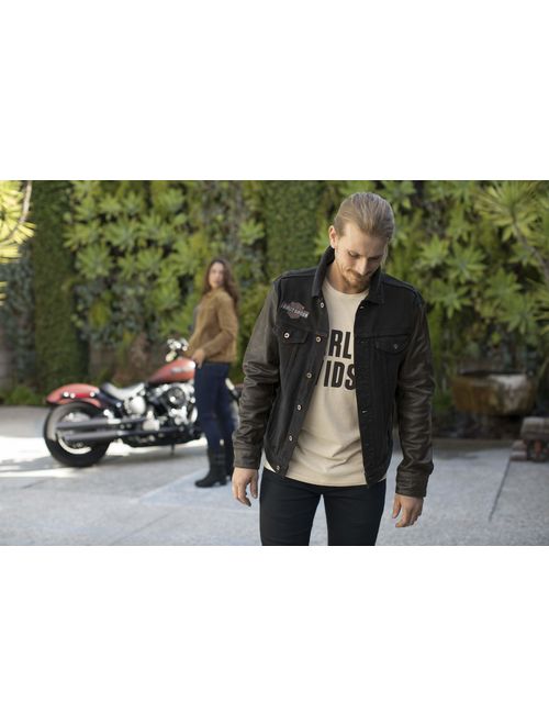 HARLEY-DAVIDSON Official Mens Leather Sleeve Slim Fit Denim Jacket Black